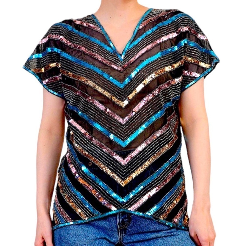 Vintage 80s Top Sheer Silk Sequin Beaded Metallic Chevron Tunic Blouse Small